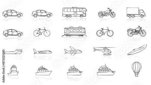 Collection of Hand Drawn Transportation Vehicles and Modes of Travel.