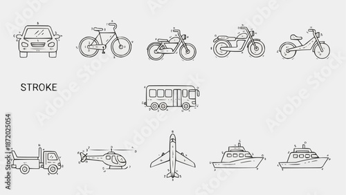 Collection of Hand Drawn Transportation Vehicles Icons.