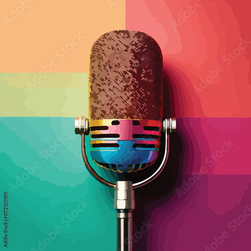 Vintage Microphone with Rainbow Colored Background for Podcast or Music Recording.
