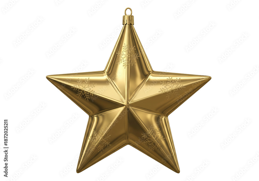 Fototapeta premium Shiny Golden Star Ornament Hangs Isolated Against White Background