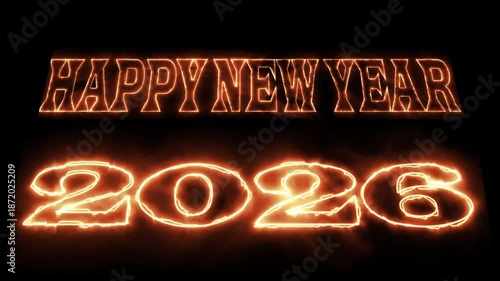 2026 Happy New Year text on a blue futuristic digital backdrop