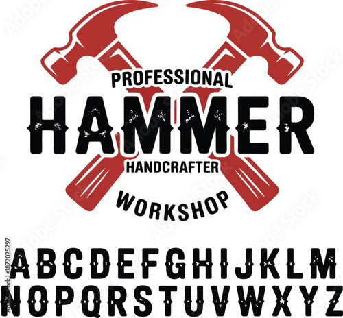 Red hammers crossed with hammer workshop text and alphabet letters