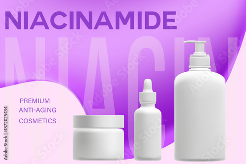 Cosmetic purple 3D liquid niacinamide droplet, dispenser pump bottle, cream jar, serum, mockup background. Skin care product promo poster. Beauty cosmetic commercial banner, skin care ad.