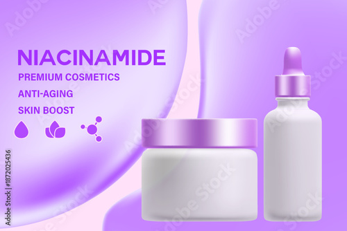 Cosmetic lavender color 3D liquid texture with niacinamide droplet, cream jar, serum, mockup background. Skin care product promo poster. Beauty cosmetic commercial banner, skin care ad.