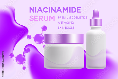 Cosmetic purple 3D liquid droplet with cream jar, serum, floating design, clear glass, mockup background. Skin care product promo poster. Beauty cosmetic commercial banner, skin care ad.