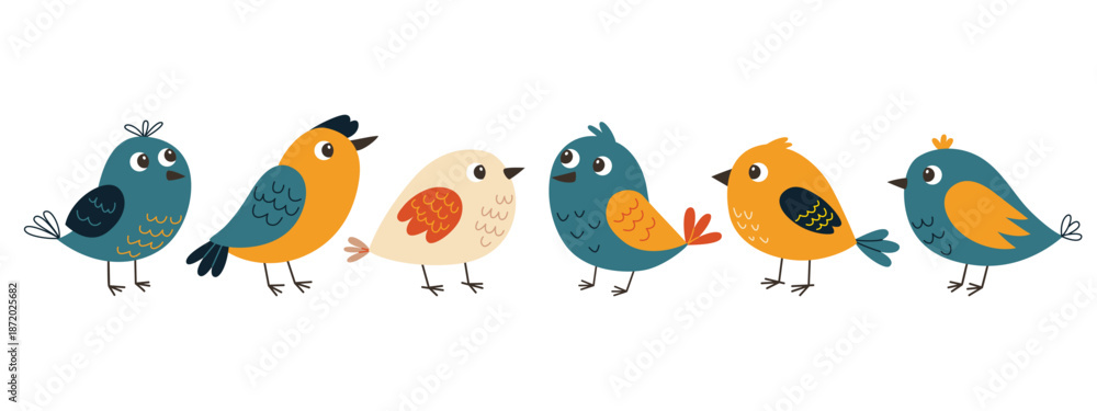 Obraz premium Cute Cartoon Birds Set. Hand Drawn Baby Birds Collection. Funny Nursery Animals. Kids Illustration. Flat Vector Characters Isolated on White.