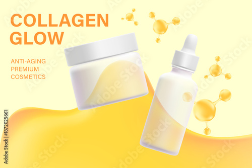 Cosmetic yellow 3D liquid texture with collagen droplet, cream jar, serum, mockup background. Skin care product promo poster. Beauty cosmetic commercial banner, skin care ad.