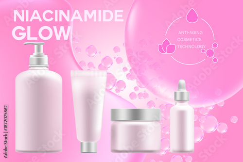 Cosmetic 3D pink color liquid collagen droplet, dispenser pump bottle, cream jar, serum mockup background. Skin care product promo poster. Beauty cosmetic commercial banner, skin care ad.