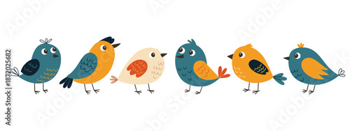 Cute Cartoon Birds Set. Hand Drawn Baby Birds Collection. Funny Nursery Animals. Kids Illustration. Flat Vector Characters Isolated on White.