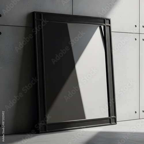 Modern minimalist interior design with a window and white door featuring blank display objects and frames