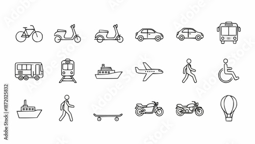 Collection of transportation icons and symbols for travel and movement.