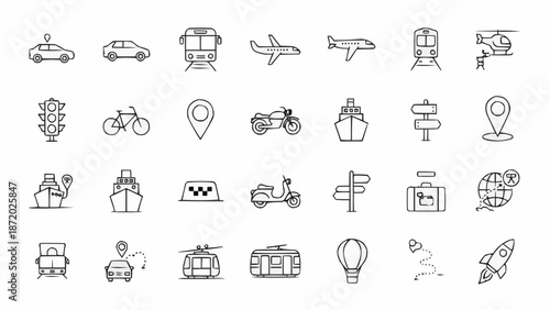 Collection of Transportation Icons and Symbols Hand Drawn Style.