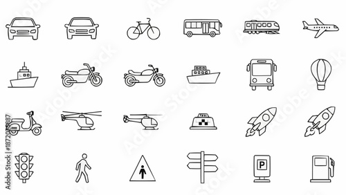 Collection of Transportation Icons Hand Drawn Style.