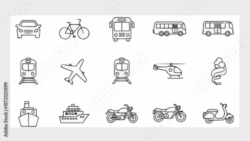 Collection of transportation icons in a line drawing style.