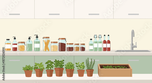 A beautifully organized kitchen with a focus on sustainability and natural elements decor