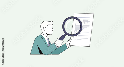 A businessman carefully examines a document with a magnifying glass for detailed analysis review