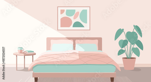 A calming and aesthetically pleasing bedroom interior illustration with soft color palette and