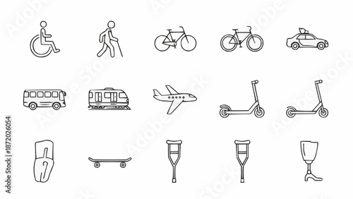 Collection of transportation and mobility icons hand drawn style.