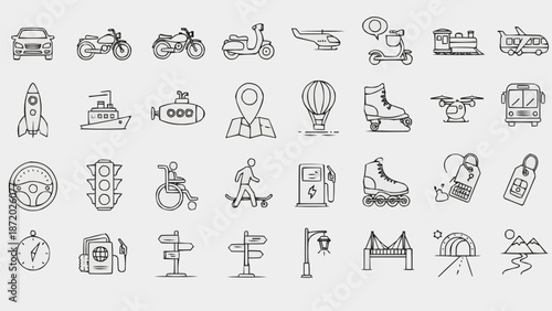 Collection of Transportation and Travel Icons.