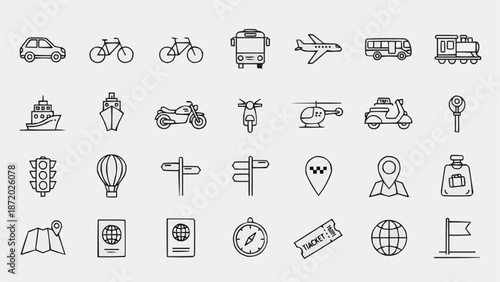 Collection of Transportation and Travel Icons.