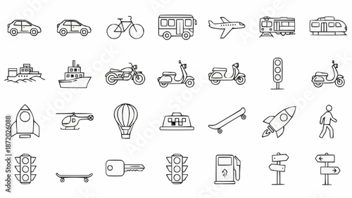Collection of transportation and vehicle icons in a simple line art style.