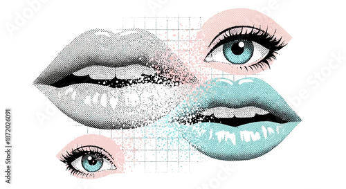 A captivating halftone art featuring expressive eyes and lips, showcasing pop art and surrealism