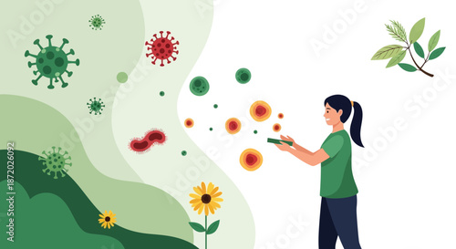 A cartoon image illustrates an individual combating diseases and environmental pollution with