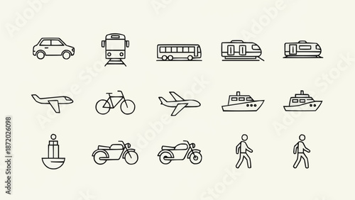 Collection of transportation and travel icons.
