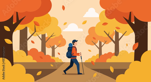 A Colorful Autumn Adventure: Hiker Enjoying the Scenic Fall Foliage in the Woods