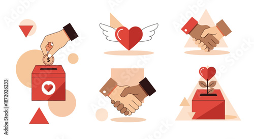 A compilation of charity illustrations showcasing donation, care, agreement and investment