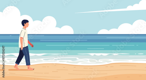 A contemplative stroll on the serene beach evokes a sense of calm and tranquility with minimalist