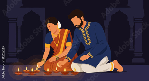 A couple celebrating Diwali, the festival of lights, with traditional attire and diyas during a