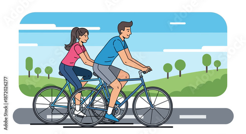 A couple enjoying a bike ride in a picturesque landscape on a sunny day vector illustration