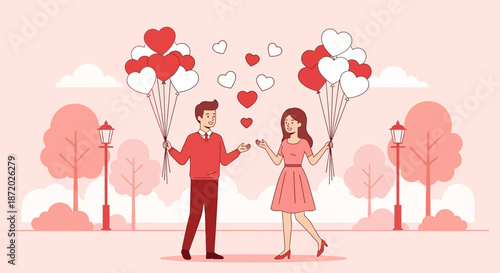 A Couple Celebrating Valentine's Day with Heart Balloons in a Beautiful Park Scene