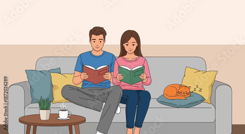 A couple enjoys reading books together on a comfortable sofa with a sleeping cat creating a cozy