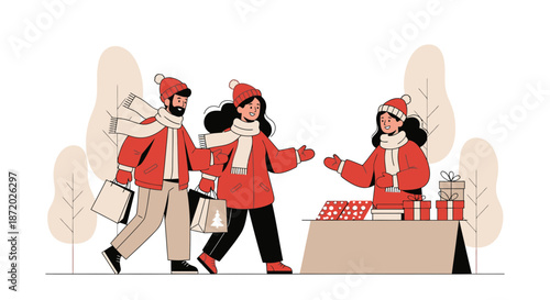 A couple shopping for Christmas gifts at a festive market stall illustration in winter