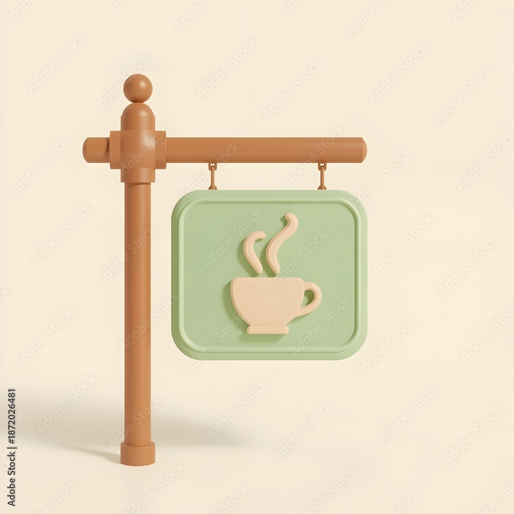 Fototapeta premium hanging cafe sign with a coffee cup symbol 3d rendering isolated on light cream or off-white background cartoon plastic style icon