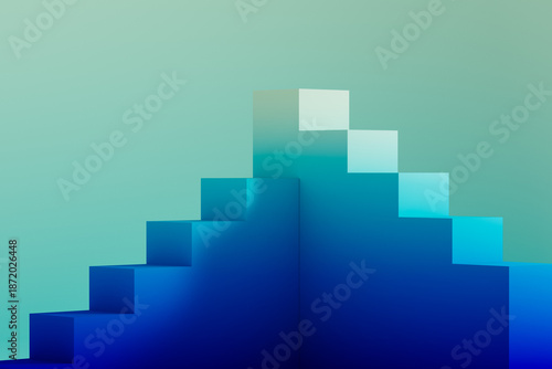 Geometric shapes arranged in a corner under blue and green light