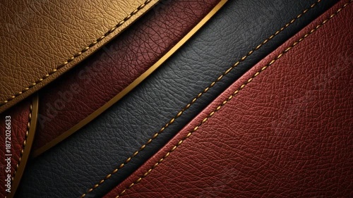 Dynamic close-up of premium leather materials texture: rich gold, deep navy, and terracotta brown pieces overlapping, highlighted by detailed golden seam stitching and elegant shadow effects.