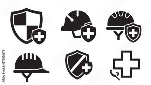 Collection of shield and helmet icons with medical cross symbols
