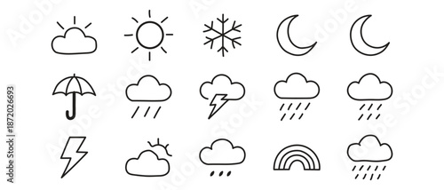A comprehensive set of minimalist outline weather icons representing various atmospheric conditions