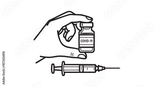 Hand holding COVID 19 vaccine vial and syringe illustration isolated