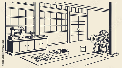 Illustration of a workshop with machinery and tools in an industrial setting viewed from the side