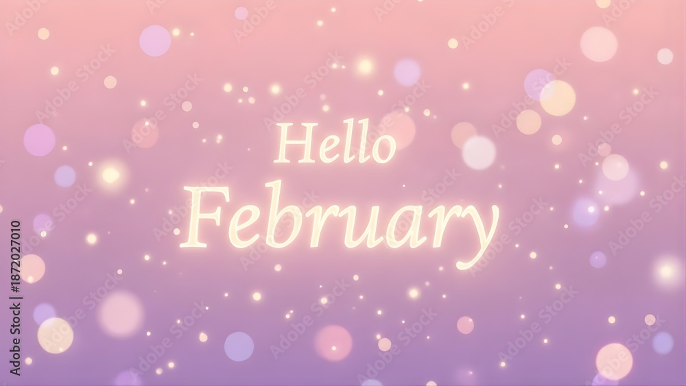 Naklejka premium Hello February Greeting on Dreamy Pink Purple Gradient with Glowing Bokeh Lights