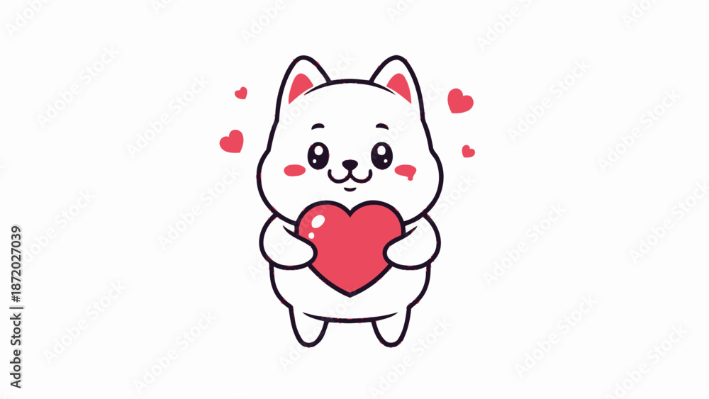 Naklejka premium Cute white cat holding red heart