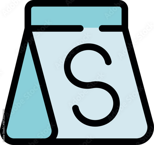 Small size paper bag with s letter representing sugar content, light blue and white with black outline, isolated vector illustration