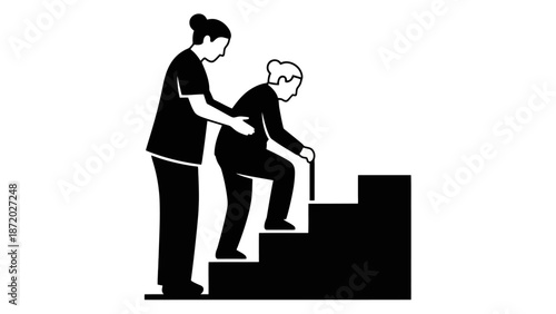 A caregiver assists an elderly woman with a cane as she ascends a set of stairs, symbolizing support and care.