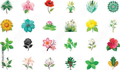 Botanical Plant and Flower Illustration Bundle Featuring Tropical Leaves, Succulents, Cactus, Ferns and Floral Elements, Nature Inspired Flat Vector Icons Isolated on White Background