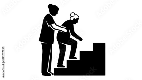 A caregiver assists an elderly woman as she carefully ascends a set of stairs, providing support and guidance.