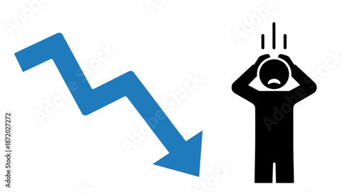 A downward trending blue arrow indicating a sharp decline, next to a distressed stick figure clutching its head in panic.